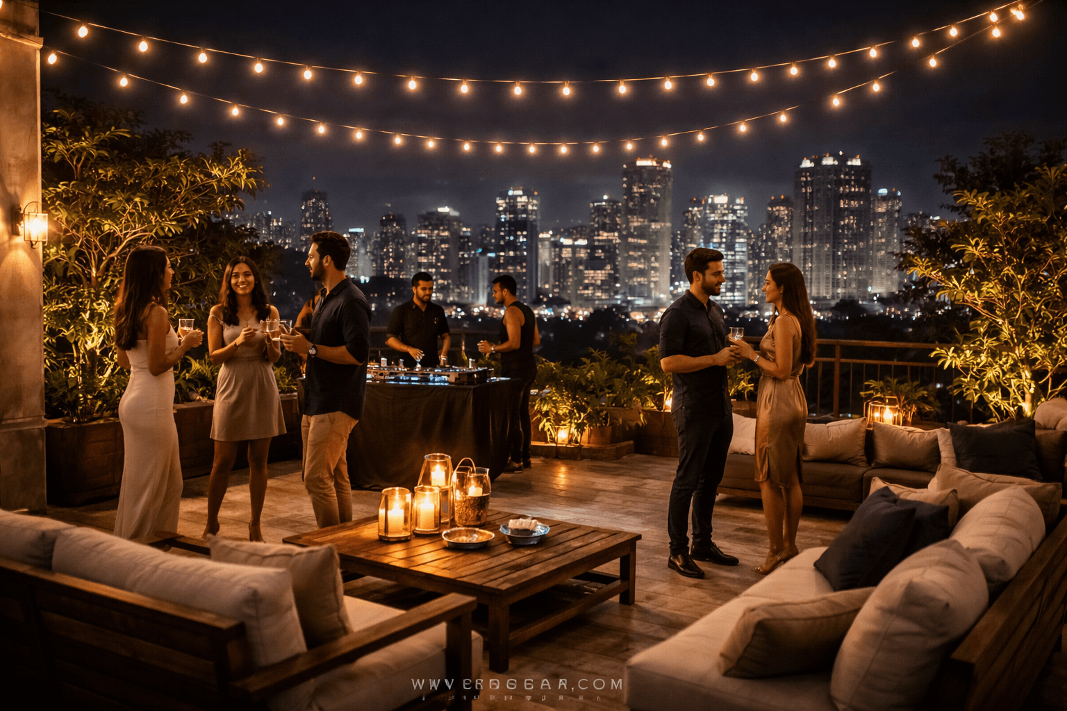 Rooftop house party with Mumbai skyline view